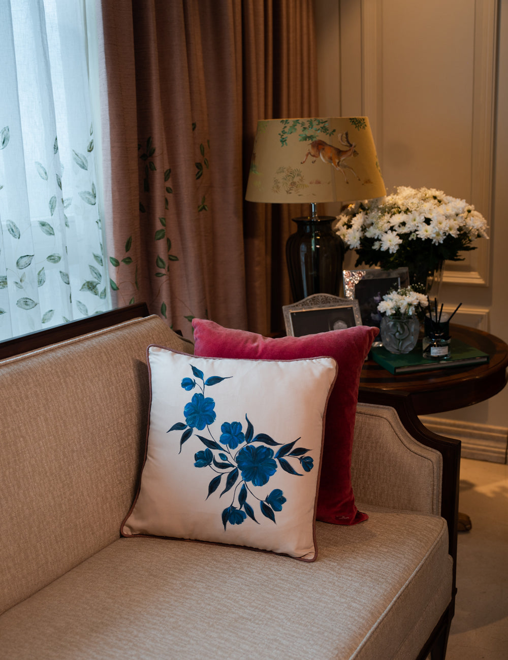 Hand-Painted Green Leaf Sheer Linen Curtains