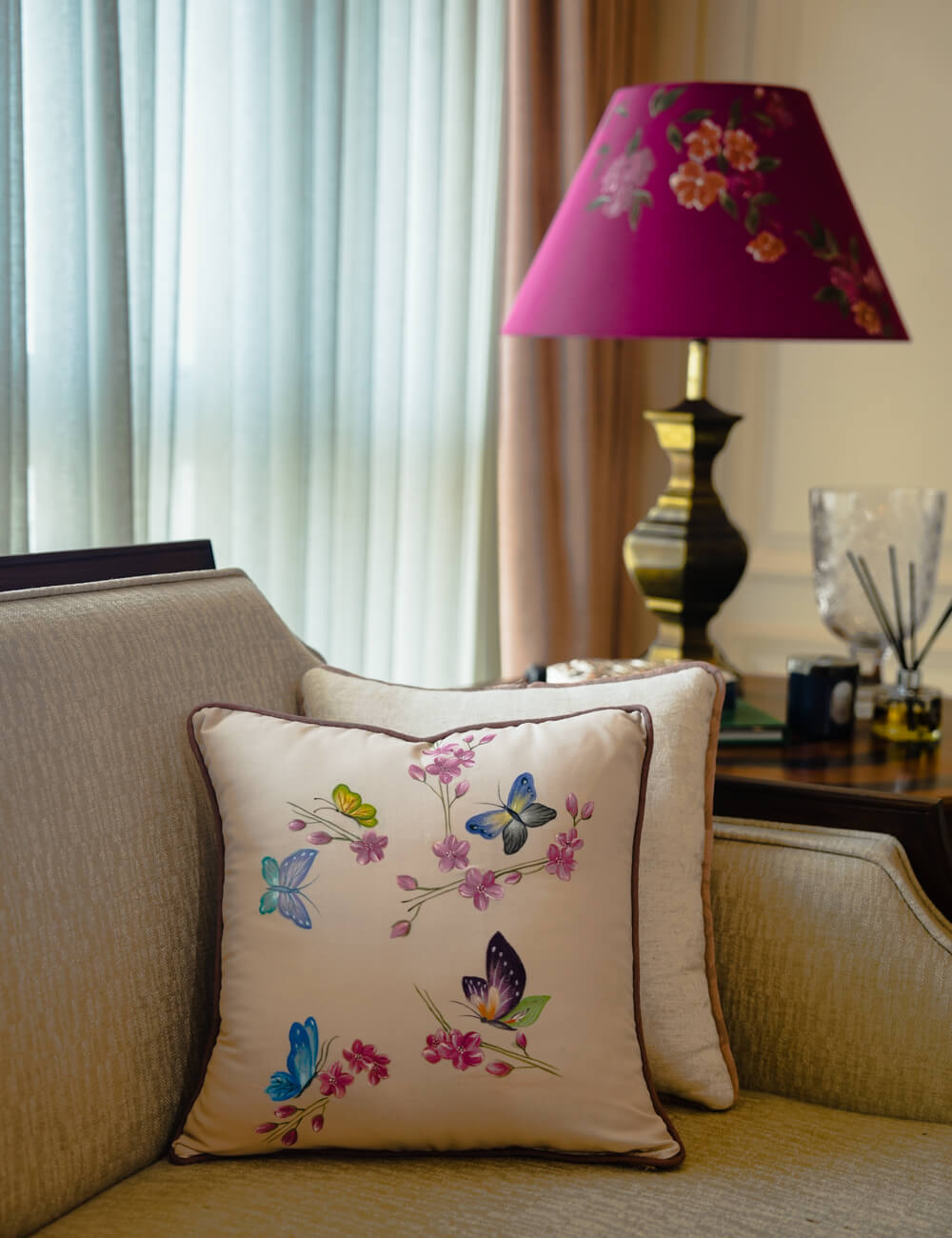 Hand-Painted Butterfly Blossom Cushion