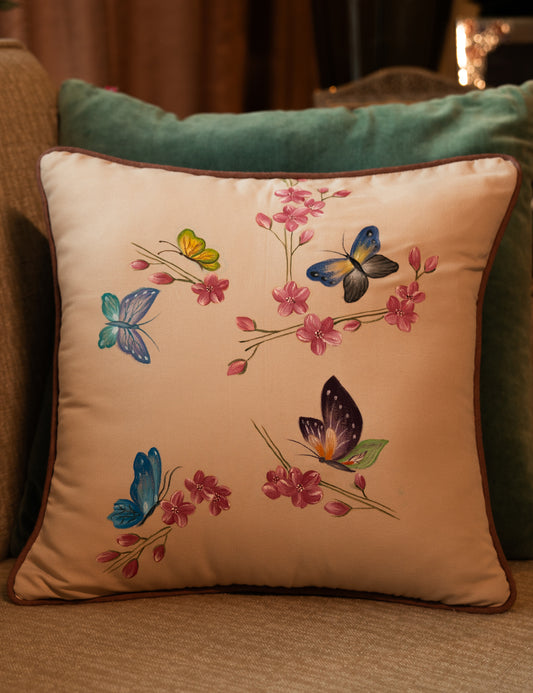 Hand-Painted Butterfly Blossom Cushion