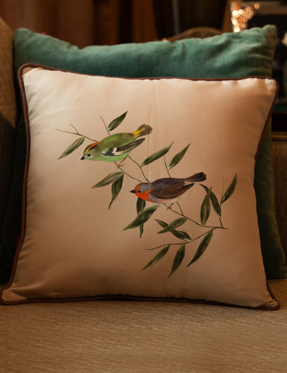 Hand-Painted Greenfinch and Bullfinch Cushion