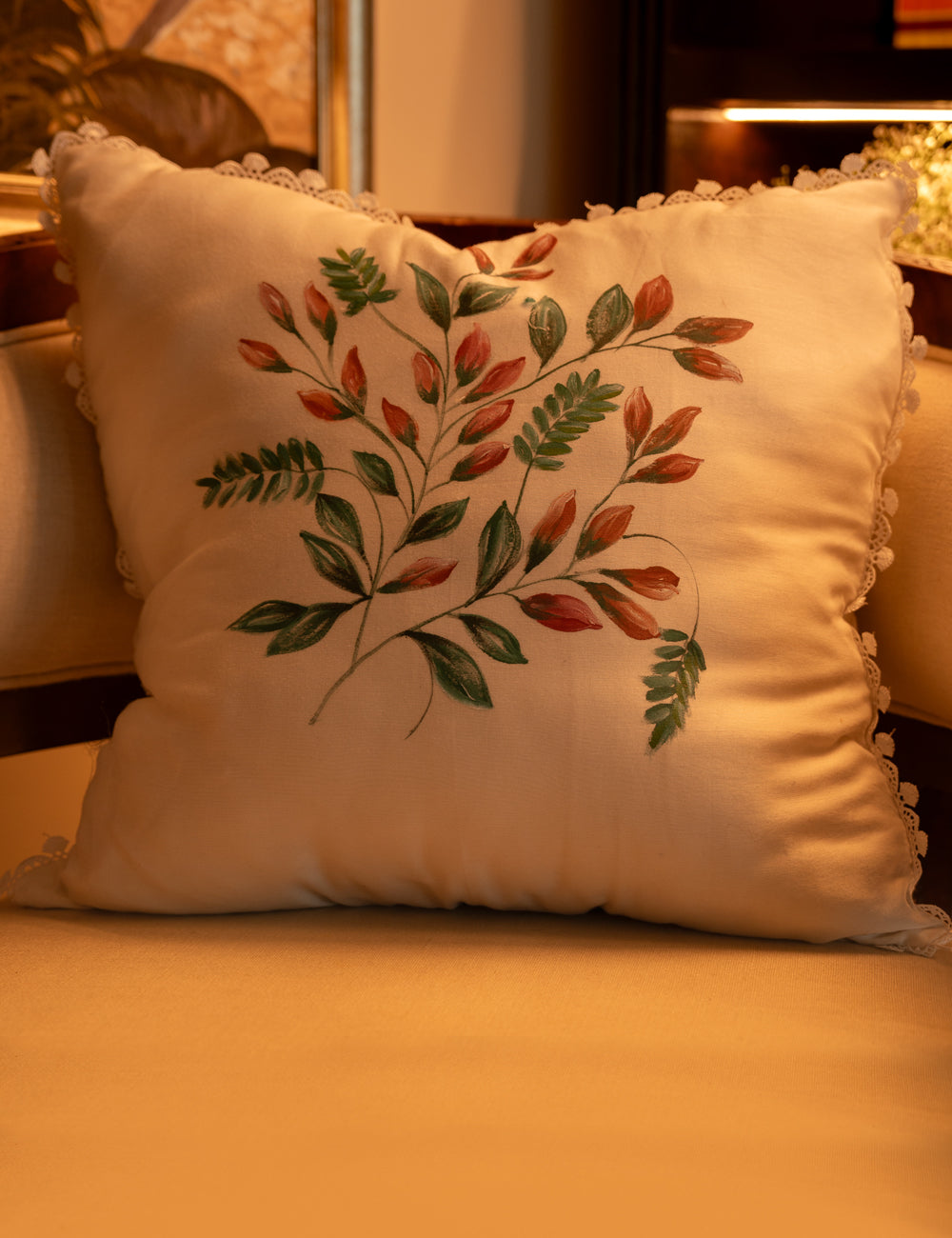 Hand-Painted Budding Elegance Cushion Cover