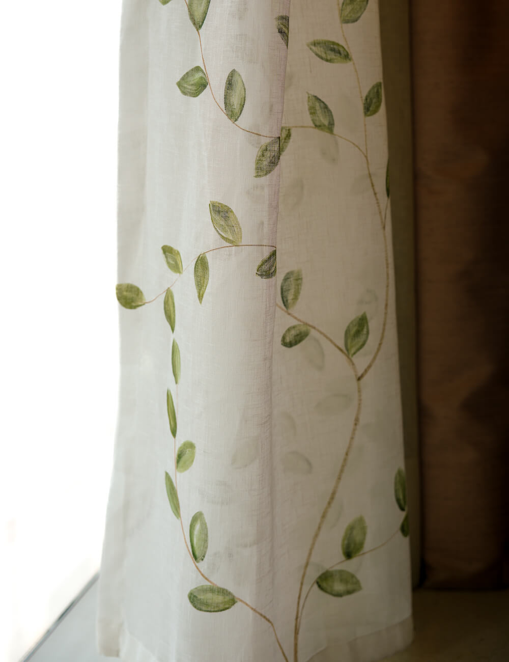 Hand-Painted Green Leaf Sheer Linen Curtains