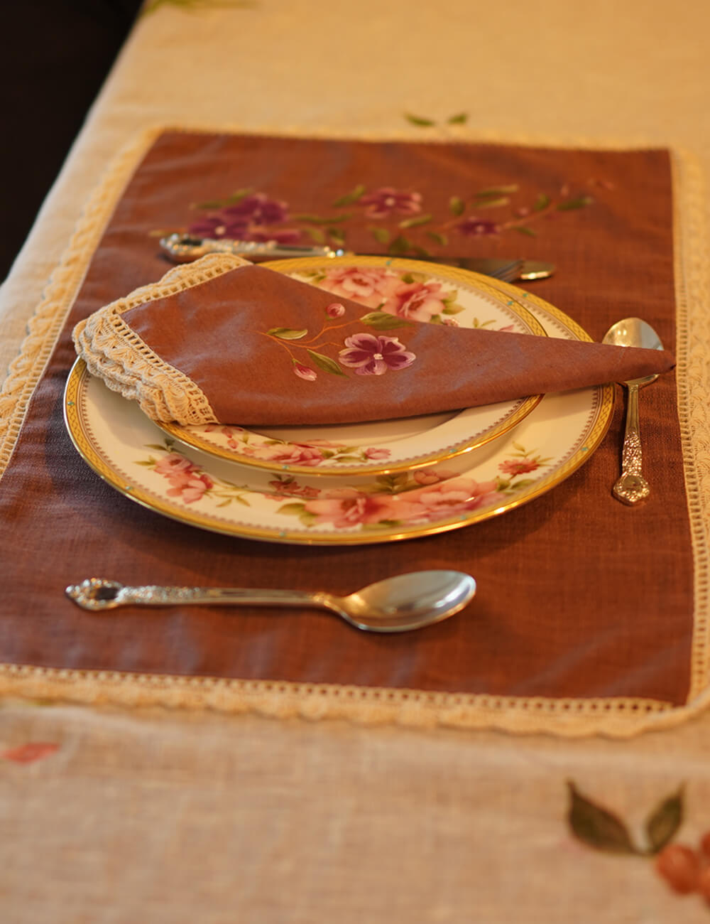 Hand Painted Sweet Pea Table Linen